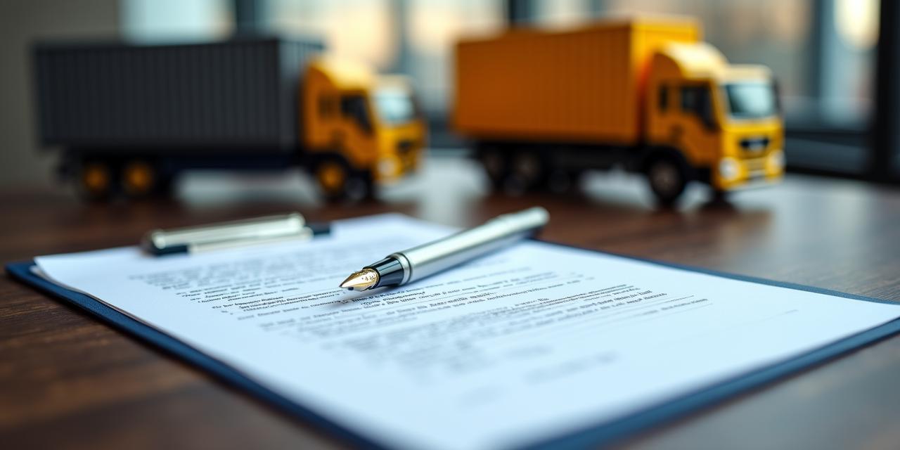 Close up of a legal contract on a wooden table with a pen and a shipping container model in the background