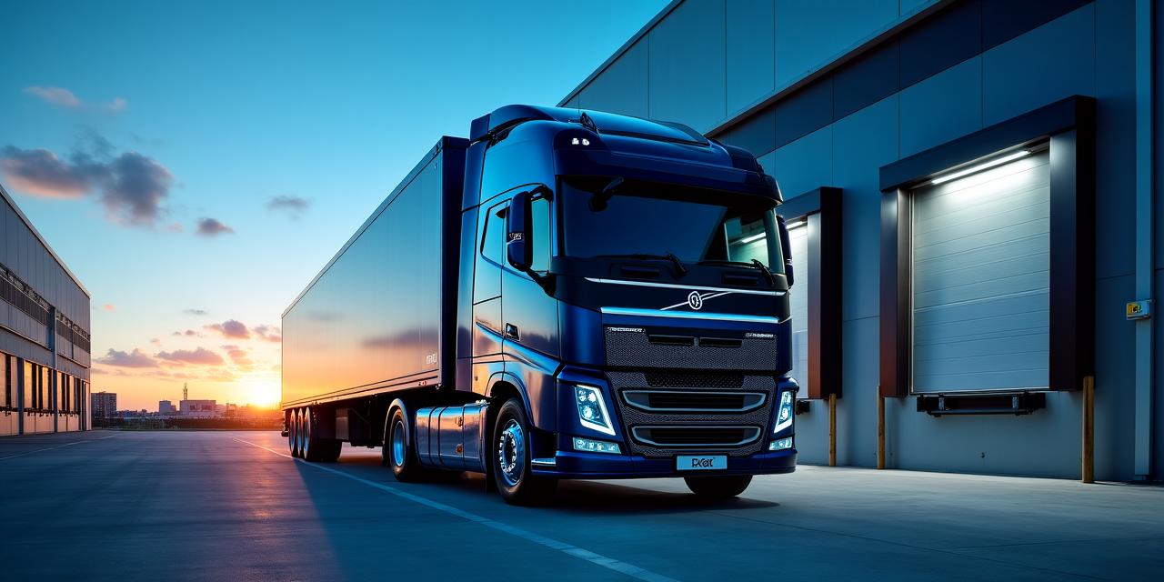 Close-up of a modern logistics truck reflecting the Miami sunrise